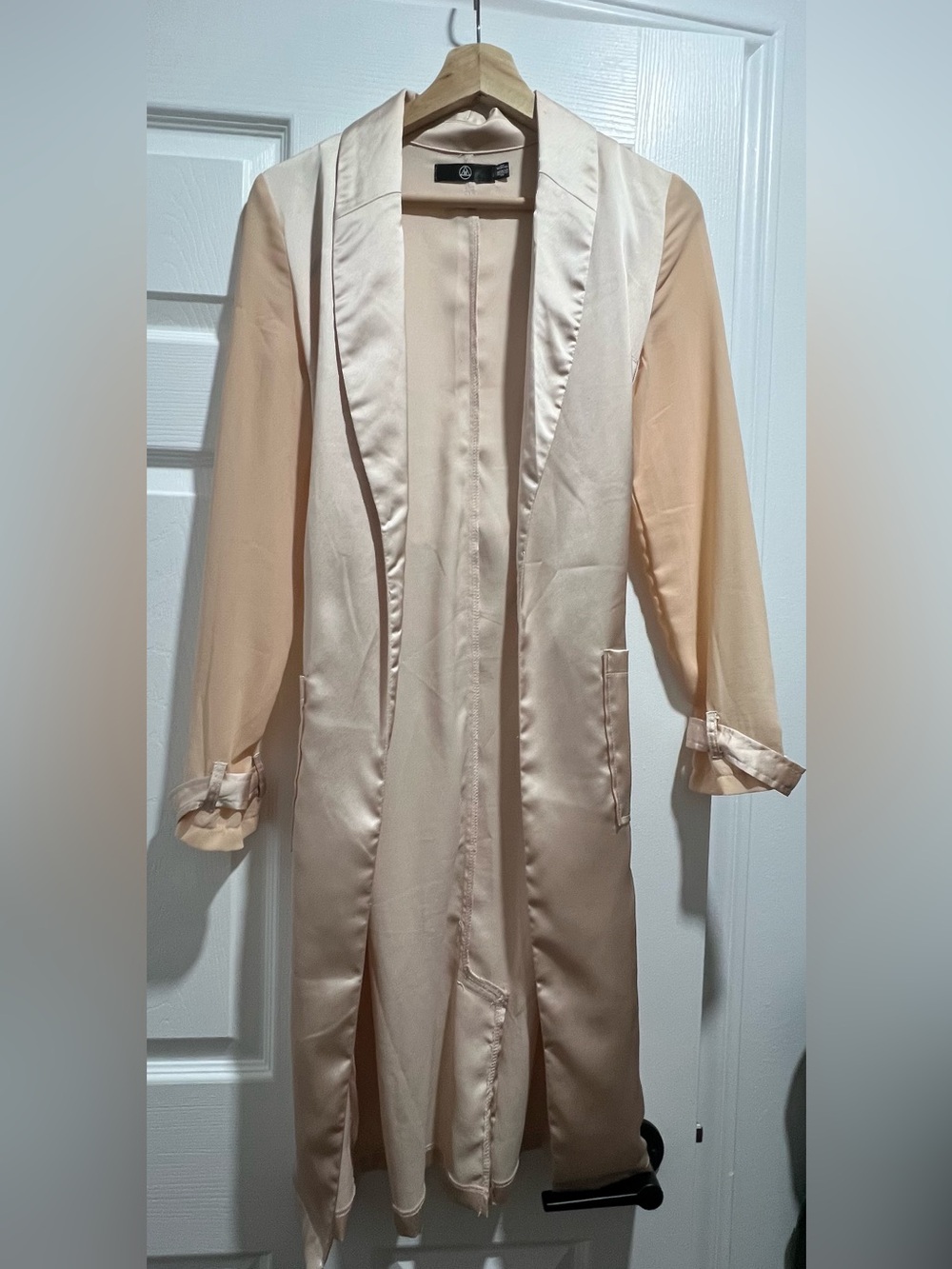 Satin-Trim Blush Longline Trench Coat